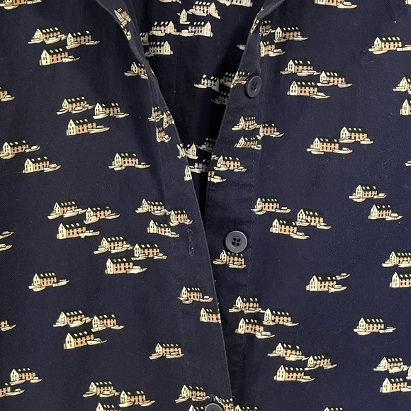 NAVY Blue Vintage Cotton Midi Dress Nautical Boats and Harbour Print Coastal - Picture 6 of 12